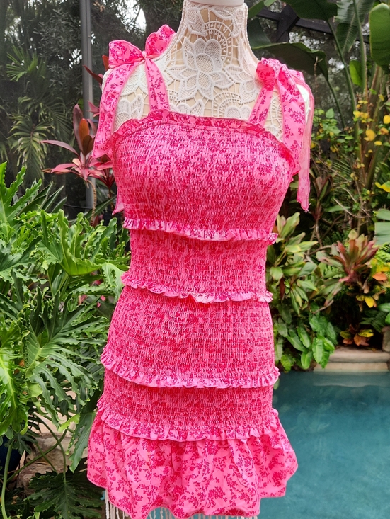SHEIN Dresses & Skirts - Pink Smocked Tiered Ruffle Mini Bodycon Dress with Tie Shoulder Straps